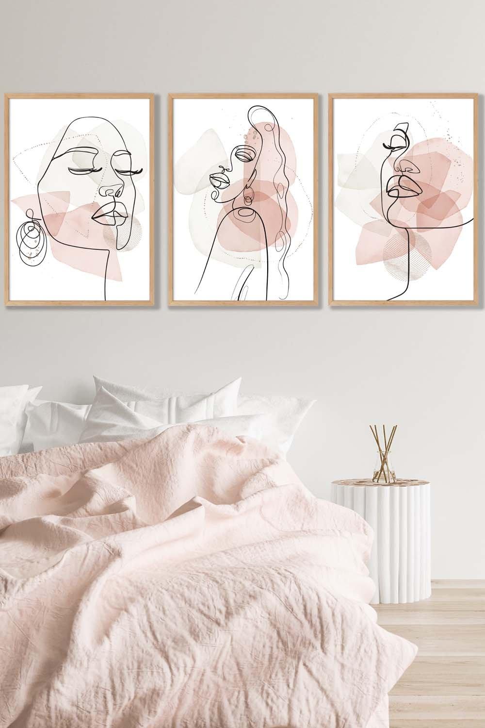 Set of 3 Oak Framed One Line Abstract Fashion Faces in Pink and Ivory Wall Art